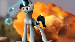 Size: 3840x2160 | Tagged: safe, artist:nixworld, pony, unicorn, angry, awesome, black hair, commission, cool guys don't look at explosions, explosion, grenade, high res, magic, male, pose, red eyes, stallion