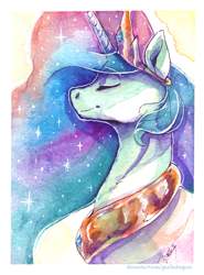 Size: 2390x3234 | Tagged: safe, artist:gaelledragons, princess celestia, alicorn, pony, g4, bust, eyes closed, female, high res, mare, peytral, portrait, solo, traditional art, watercolor painting