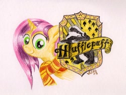 Size: 1277x961 | Tagged: safe, artist:wolfinka84, oc, oc only, pony, unicorn, atg 2020, clothes, harry potter (series), hufflepuff, newbie artist training grounds, not fluttershy, scarf, solo, traditional art