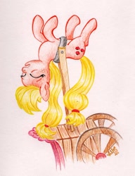 Size: 961x1251 | Tagged: safe, artist:wolfinka84, applejack, earth pony, pony, applebuck season, g4, atg 2020, cart, female, mare, newbie artist training grounds, silly, silly pony, sleeping, solo, stubborn, tired, traditional art, who's a silly pony