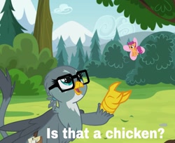 Size: 1325x1080 | Tagged: safe, gabby, scootaloo, bird, butterfly, chicken, griffon, pegasus, pony, g4, female, glasses, hooves up, is this a pigeon, mail, meme, ponified, ponified meme, scootachicken, scootaloo can fly, solo