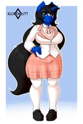 Size: 1080x1620 | Tagged: safe, artist:kloudmutt, oc, oc only, oc:klodette, unicorn, anthro, big breasts, black hair, breasts, brown eyes, clothes, female, hand on hip, long hair, schoolgirl, shoes, socks, solo