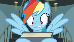 Size: 1920x1080 | Tagged: safe, screencap, rainbow dash, pony, daring doubt, g4, book, female, holding, shocked, solo