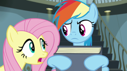 Size: 1920x1080 | Tagged: safe, screencap, fluttershy, rainbow dash, daring doubt, g4, book, holding