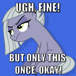 Size: 1600x1581 | Tagged: safe, limestone pie, g4, blue background, caption, grumpy, image macro, simple background, text