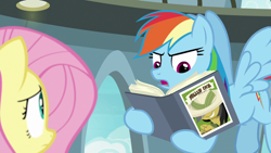 Size: 1920x1080 | Tagged: safe, daring do, fluttershy, rainbow dash, pegasus, pony, daring doubt, g4, book, flying, reading