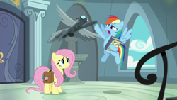 Size: 1920x1080 | Tagged: safe, screencap, fluttershy, rainbow dash, pegasus, pony, daring doubt, g4, bag, book, flying, holding, hoof in air, saddle bag