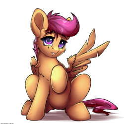 Size: 3000x3000 | Tagged: safe, artist:skitsroom, scootaloo, pegasus, pony, g4, cute, cutealoo, female, filly, high res, raised hoof, simple background, sitting, solo, white background, wings
