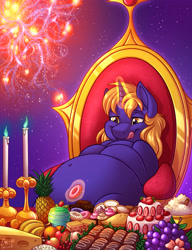 Size: 4000x5216 | Tagged: safe, artist:sugaryviolet, oc, oc:aether lux, pony, unicorn, belly, belly button, bhm, big belly, candle, cosmic wizard, eating, fat, feast, food, giant pony, gluttony, godpone, herbivore, huge belly, licking, licking lips, macro, male, overweight, pony bigger than a galaxy, pony bigger than a multiverse, pony bigger than a planet, pony bigger than a solar system, pony bigger than a star, pony bigger than a universe, pony heavier than a black hole, sitting, space, stallion, stars, throne, tongue out, universe, wizard