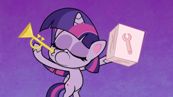 Size: 1920x1080 | Tagged: safe, screencap, twilight sparkle, alicorn, pony, badge of shame, g4, g4.5, my little pony: pony life, bipedal, female, horn, horn blowing, mare, musical instrument, solo, twilight sparkle (alicorn)