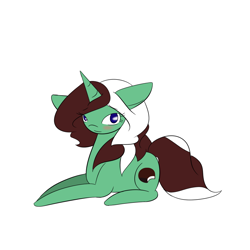 Size: 1000x1000 | Tagged: safe, artist:kaggy009, oc, oc only, oc:peppermint pattie (unicorn), pony, unicorn, ask peppermint pattie, female, mare, prone, simple background, solo, white background