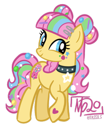 Size: 1071x1271 | Tagged: safe, artist:tassji-s, pretty pop, pony, g3, g4, candy, choker, female, food, g3 to g4, generation leap, hair accessory, hair bun, hairpin, jewelry, redesign, solo, yellow coat