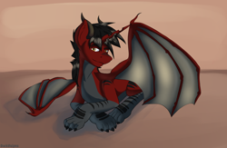 Size: 2600x1700 | Tagged: safe, artist:darkvulpes, oc, oc only, dracony, dragon, hybrid, pony, bat wings, bedroom eyes, claws, horn, looking at you, lying down, male, multicolored body, paws, red, red fur, simple background, slit pupils, smiling, solo, spread wings, wings, yellow eyes
