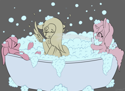 Size: 1816x1323 | Tagged: safe, artist:llametsul, fluttershy, sugar belle, earth pony, pegasus, pony, unicorn, g4, atg 2020, bath, bathtub, bubble, female, gray background, mare, newbie artist training grounds, simple background, smiling, spray, suds