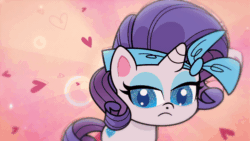 Size: 800x450 | Tagged: safe, screencap, fancypants, rarity, pony, unicorn, bad thing no. 3, g4.5, my little pony: pony life, :o, animated, bandana, blushing, facial hair, female, gif, implied raripants, looking at you, male, mare, moustache, open mouth, raripants, shipping, shipping fuel, slow motion, stallion, straight, surprised