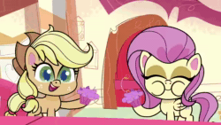 Size: 1280x720 | Tagged: safe, screencap, applejack, fluttershy, earth pony, pegasus, pony, cute-pocalypse meow, g4.5, my little pony: pony life, the trail less trotten, animated, cupcake, eating, female, food, mare, out of context, sound, starry eyes, sugarcube corner, webm, wingding eyes