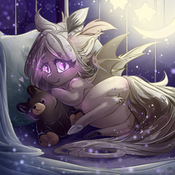 Size: 3000x3000 | Tagged: safe, artist:rico_chan, oc, bat pony, pony, bat pony oc, bat wings, chibi, commission, cradle, foal, high res, plushie, solo, teddy bear, wings, ych result