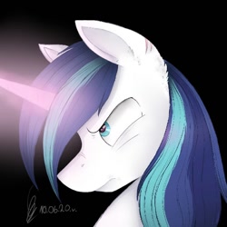 Size: 1080x1080 | Tagged: safe, artist:princessesmeraldaofficial, shining armor, pony, unicorn, g4, black background, bust, frown, glowing horn, horn, male, signature, simple background, solo, stallion