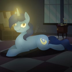 Size: 1080x1080 | Tagged: safe, artist:princessesmeraldaofficial, night light, pony, unicorn, g4, glowing horn, horn, indoors, male, prone, signature, smiling, solo, stallion, table, window