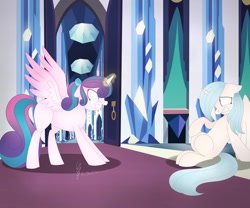 Size: 1080x898 | Tagged: safe, artist:princessesmeraldaofficial, princess flurry heart, oc, alicorn, pony, g4, alicorn oc, angry, crying, duo, female, glowing horn, horn, indoors, magic, mare, older, older flurry heart, scared, wings