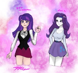 Size: 1055x987 | Tagged: safe, artist:rapunzelights, rarity, human, equestria girls, g4, abstract background, clothes, cutie mark, cutie mark on clothes, dc superhero girls, duo, female, human coloration, signature, skirt, smiling, zatanna, zee zatara