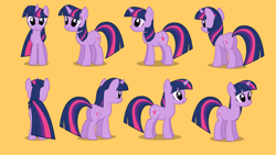 Size: 1280x720 | Tagged: safe, twilight sparkle, pony, unicorn, journey of the spark, g4, butt, female, front view, horn, looking at you, mare, multeity, orange background, plot, pose, rear view, reference sheet, shadow, show accurate, side view, simple background, smiling, solo, turnaround, unicorn twilight