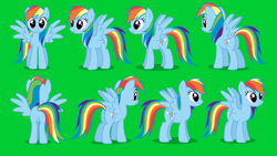 Size: 1280x720 | Tagged: safe, rainbow dash, pegasus, pony, journey of the spark, g4, butt, female, front view, green background, grin, looking at you, mare, multeity, multicolored hair, plot, pose, rear view, reference sheet, shadow, show accurate, side view, simple background, smiling, solo, spread wings, turnaround, wings