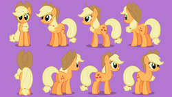 Size: 1280x720 | Tagged: safe, applejack, earth pony, pony, journey of the spark, applejack's hat, butt, cowboy hat, female, front view, hat, looking at you, mare, multeity, plot, pose, purple background, rear view, reference sheet, shadow, show accurate, side view, simple background, smiling, solo, stetson, turnaround