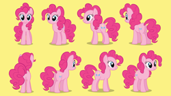 Size: 1280x720 | Tagged: safe, pinkie pie, earth pony, pony, journey of the spark, g4, butt, female, front view, looking at you, mare, multeity, plot, poofy mane, pose, rear view, reference sheet, shadow, show accurate, side view, simple background, smiling, solo, turnaround, yellow background