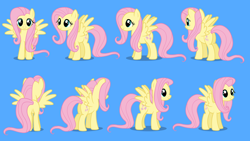 Size: 1280x720 | Tagged: safe, fluttershy, pegasus, pony, journey of the spark, g4, blue background, butt, female, front view, looking at you, mare, multeity, plot, pose, rear view, reference sheet, shadow, show accurate, side view, simple background, smiling, solo, spread wings, turnaround, wings