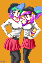 Size: 1000x1473 | Tagged: safe, artist:johnjoseco, artist:kevhon, edit, princess cadance, princess celestia, human, g4, aunt and niece, clothes, colored, duo, duo female, female, hand on hip, hat, humanized, leggings, looking at you, skirt, sweater