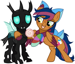 Size: 735x629 | Tagged: safe, artist:skairsy, thorax, oc, oc:solar comet, changeling, pegasus, pony, g4, magic duel, bow, disguise, disguised changeling, eyelashes, open mouth, tail bow