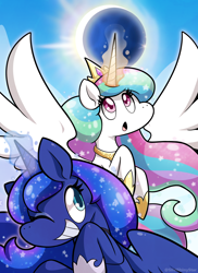 Size: 1000x1375 | Tagged: safe, artist:pegasisters82, princess celestia, princess luna, alicorn, pony, g4, cute, cutelestia, duo, eclipse, ethereal mane, female, heart eyes, magic, mare, moon, one eye closed, open mouth, royal sisters, siblings, sisters, sky, smiling, spread wings, starry eyes, starry mane, sun, telekinesis, wingding eyes, wings, wink