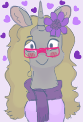 Size: 326x480 | Tagged: safe, artist:69beas, oc, oc only, oc:luri equestria, pony, unicorn, blushing, clothes, cute, digital art, flower, flower in hair, glasses, heart, looking at you, male, scarf, simple background, solo