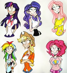 Size: 2472x2662 | Tagged: safe, artist:citi, applejack, fluttershy, pinkie pie, rainbow dash, rarity, twilight sparkle, alicorn, human, g4, breasts, busty fluttershy, busty pinkie pie, busty rarity, cutie mark on clothes, delicious flat chest, high res, humanized, mane six, rainbow flat, traditional art, twilight sparkle (alicorn)