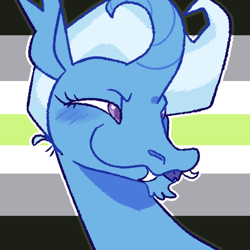 Size: 540x540 | Tagged: safe, artist:goatpaste, trixie, pony, unicorn, g4, agender pride flag, blushing, curling horn, curved horn, fangs, female, forked tongue, horn, narrowed eyes, pride, pride flag, smiling, solo, tongue out