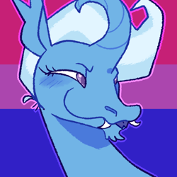 Size: 540x540 | Tagged: safe, artist:goatpaste, trixie, pony, unicorn, g4, bisexual pride flag, blushing, curling horn, curved horn, fangs, female, forked tongue, horn, implied bisexual, narrowed eyes, pride, pride flag, smiling, solo, tongue out