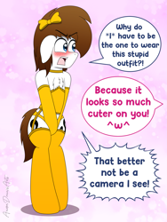 Size: 2215x2938 | Tagged: safe, artist:aarondrawsarts, oc, oc:brain teaser, oc:rose bloom, earth pony, pony, bipedal, blushing, chest fluff, clothes, covering, crossdressing, cute, diabetes, diabretes, dialogue, embarrassed, embarrassed underwear exposure, garter belt, high res, lingerie, male, offscreen character, orange underwear, panties, ribbon, stockings, thigh highs, tsundere, tumblr, underwear