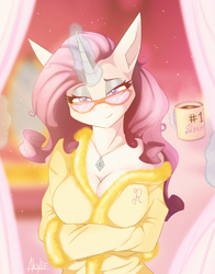 Size: 1800x2300 | Tagged: safe, artist:akylie, rarity, unicorn, anthro, g4, bathrobe, breasts, busty rarity, cleavage, clothes, coffee mug, female, glasses, jewelry, looking at you, magic, messy mane, mug, necklace, off shoulder, robe, smiling, smiling at you, solo, telekinesis