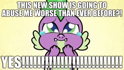Size: 1920x1080 | Tagged: safe, edit, edited screencap, editor:useraccount, screencap, spike, dragon, cute-pocalypse meow, g4.5, my little pony: pony life, abuse, caption, crying, excessive exclamation marks, excited, funny, go to sleep garble, happy, image macro, male, masochism, op is a duck, shitposting, smiling, tears of joy, text, winged spike, wings