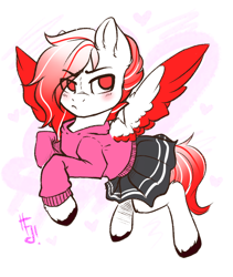 Size: 1600x1900 | Tagged: safe, artist:falafeljake, oc, oc only, oc:deepest apologies, pegasus, pony, blushing, clothes, commissioner:shockwave, crossdressing, cute, flying, looking away, male, pegasus oc, simple background, skirt, solo, spread wings, white background, wings