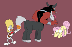 Size: 2651x1736 | Tagged: safe, artist:bugssonicx, fluttershy, lord tirek, centaur, pegasus, pony, rabbit, g4, animal, bracer, branding, bugs bunny, butt, cloven hooves, colored hooves, crossover, facial hair, female, imminent karma, incoming karma, karma, male, mare, moustache, nose piercing, nose ring, piercing, plot, purple background, septum piercing, simple background, standing, this will end in pain, tirek is doomed, tirump, tongue out, trio, warner brothers
