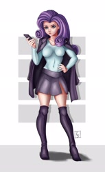 Size: 1600x2608 | Tagged: safe, artist:beamsaber, rarity, human, equestria girls, g4, boots, breasts, busty rarity, cellphone, clothes, female, humanized, miniskirt, phone, shoes, skirt, smartphone, socks, solo, thigh boots, thigh highs
