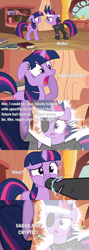 Size: 2000x5623 | Tagged: safe, edit, edited screencap, screencap, twilight sparkle, pony, unicorn, g4, it's about time, batman v superman: dawn of justice, book, clothes, comic, cut, electricity, eyepatch, female, future twilight, golden oaks library, headband, high res, hishe, hoof in mouth, mare, messy mane, open mouth, quote, reference, screaming, screencap comic, solid sparkle, text, torn clothes, unicorn twilight