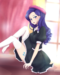 Size: 2000x2500 | Tagged: safe, artist:ponnyan, rarity, human, g4, beret, clothes, curtains, cutie mark, cutie mark on human, cutie mark tattoo, dress, ear piercing, earring, female, hat, high res, humanized, jewelry, piercing, sitting, solo, stockings, tattoo, thigh highs, window