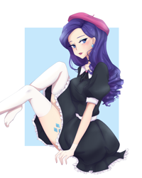 Size: 2000x2500 | Tagged: safe, artist:ponnyan, rarity, human, g4, abstract background, beret, clothes, cutie mark, cutie mark on human, cutie mark tattoo, dress, ear piercing, earring, female, hat, high res, humanized, jewelry, piercing, sitting, socks, solo, stockings, tattoo, thigh highs