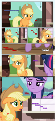 Size: 1919x4225 | Tagged: safe, artist:estories, applejack, twilight sparkle, alicorn, earth pony, pony, comic:a(pple)ffection, g4, applejack's hat, comic, cowboy hat, disappointed, floppy ears, hat, show accurate, twilight sparkle (alicorn), twilight sparkle is not amused, unamused, vector, worried