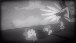 Size: 2000x1125 | Tagged: safe, screencap, gustave le grande, pinkie pie, griffon, pony, g4, mmmystery on the friendship express, dastardly whiplash, eyes closed, facial hair, female, grayscale, hat, male, mare, monochrome, moustache, parody, peril, retro, rope, tied to tracks, tied up, top hat, train tracks