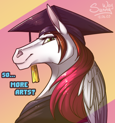 Size: 1000x1069 | Tagged: safe, artist:sunny way, oc, oc only, oc:sunny way, pegasus, anthro, bust, female, info, mare, portrait, smiling, solo, university, wings