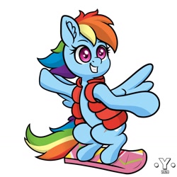 Size: 1980x1980 | Tagged: safe, artist:yelowcrom, rainbow dash, pegasus, pony, g4, back to the future, ear fluff, female, hoverboard, mare, marty mcfly, newbie artist training grounds, simple background, solo, tail, white background, wings